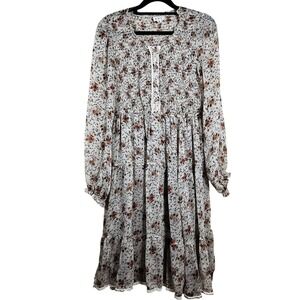 POL Ditzy Floral Smocked Dress Womens Beige Cottagecore Long Sleeve Semi Sheer